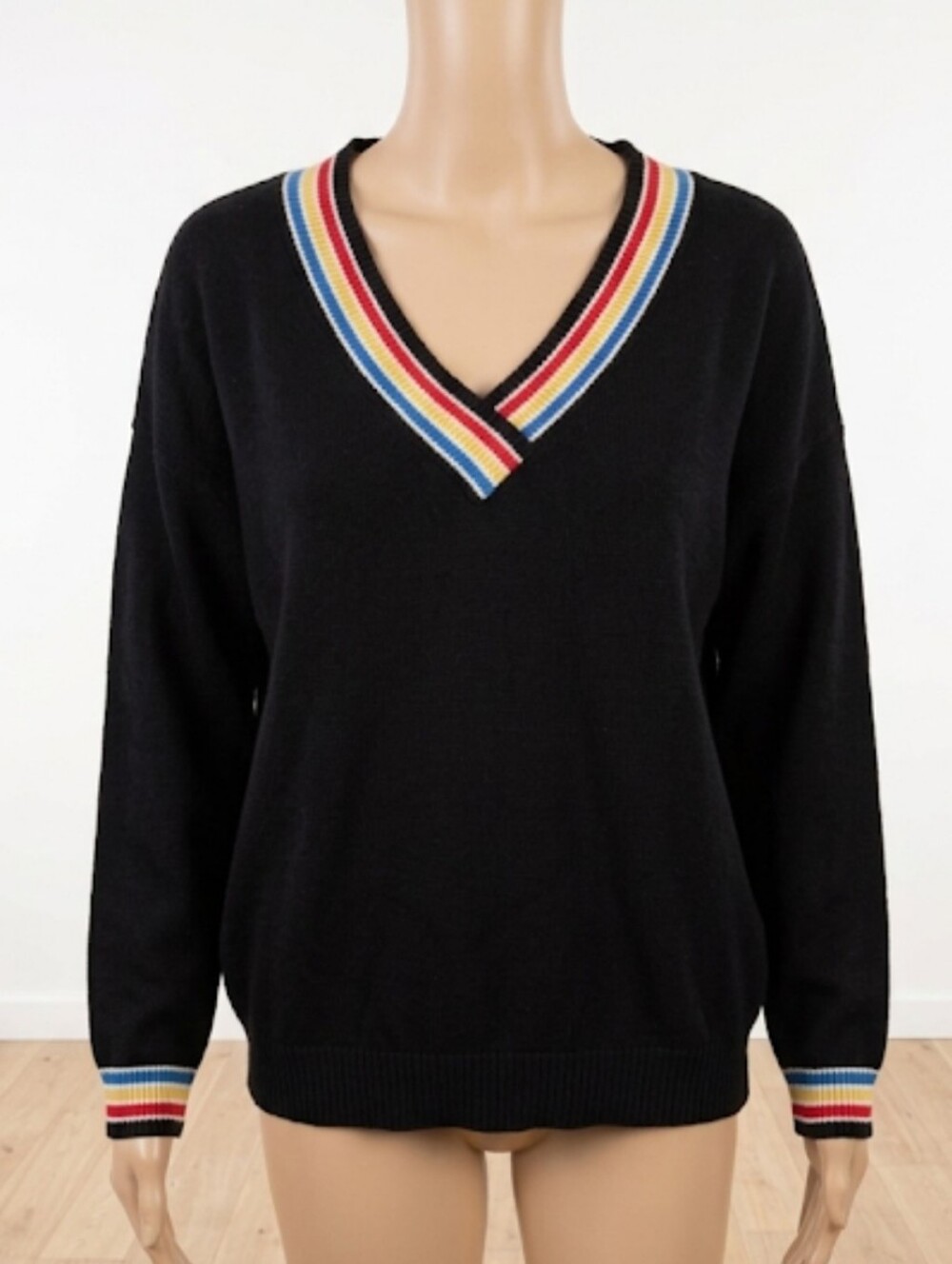 Molly Bracken navy V-Neck Sweater with Multicolor Trim